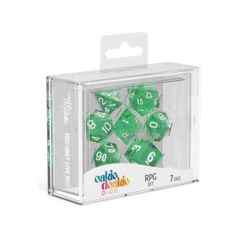 SET 7 DAUS VERD XISPA ROL Oakie Doakie Speckled Green purple Dice RPG